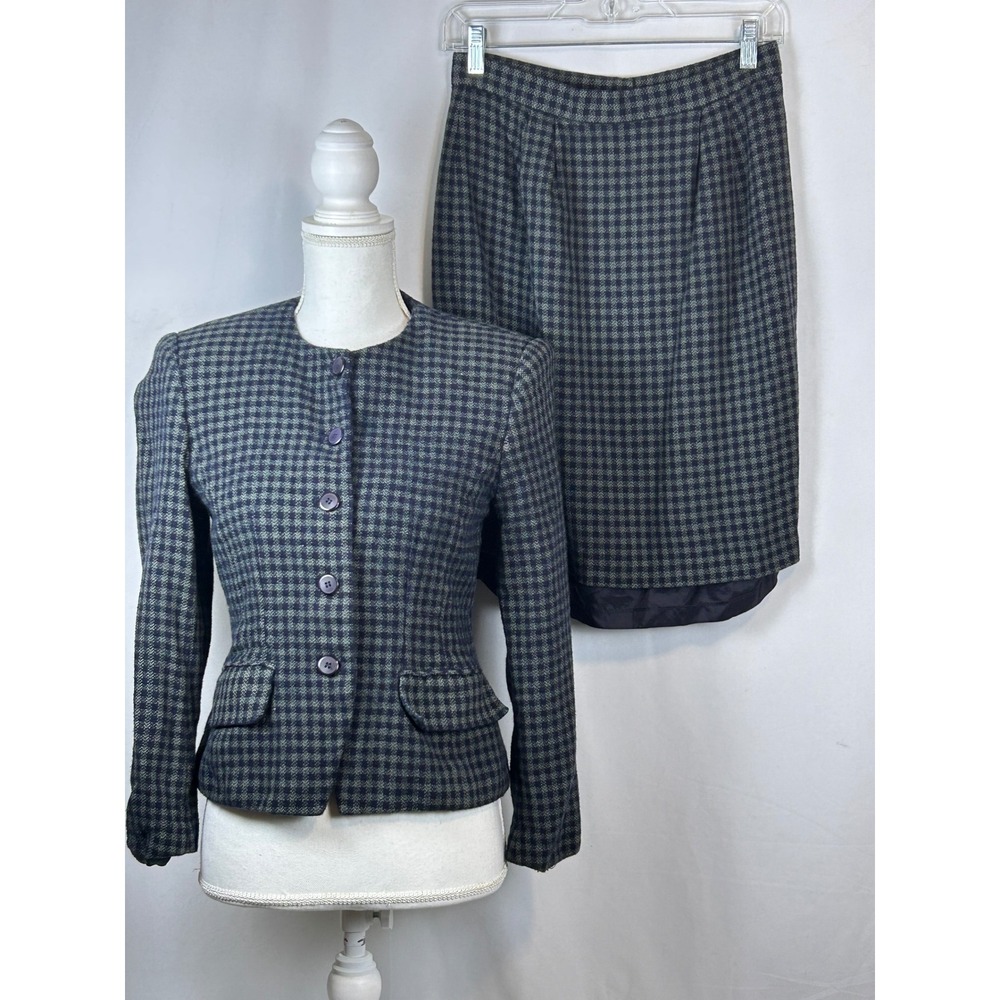 Chaus Vintage Green Navy Check Wool Blend Skirt Suit Set Size 8 Blazer Pencil